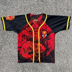 Spider-Man Vtg 2003 Y2K AOP Marvel Button Up Baseball Shirt Youth (Approx L)